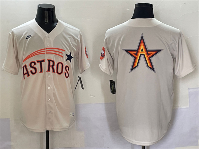 Personalized Men’s Houston Astros Team Big Logo Cream Throwback Cooperstown Collection Limited Stitched Baseball Jersey 005