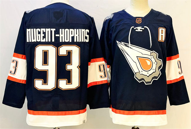 Personalized Men’s Edmonton Oilers #93 Ryan Nugent-Hopkins Navy With A Patch Reverse Retro Stitched Jersey