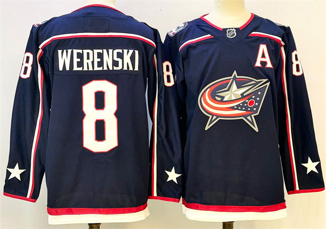 Personalized Men’s Columbus Blue Jackets #8 Zach Werenski Navy With A Patch Stitched Hockey Jersey