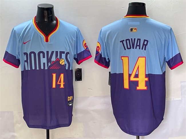 Personalized Men’s Colorado Rockies #14 Ezequiel Tovar Purple Light Blue 2025 City Connect Limited Stitched Baseball Jersey