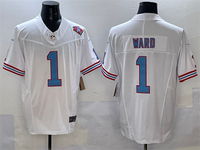 Personalized Men’s Tennessee Titans #1 Cameron Ward White 2025 Draft F.U.S.E. 1997 Throwback Patch Limited Stitched Football Jersey
