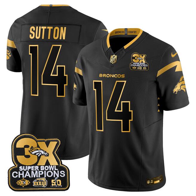 Personalized Men’s Denver Broncos #14 Courtland Sutton Black Gold F.U.S.E. 3-Time Champions Patch Limited Stitched Football Jersey