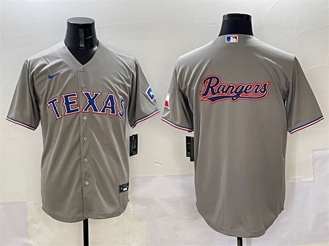 Personalized Men’s Texas Rangers Team Big Logo Grey With Patch Cool Base Stitched Baseball Jersey