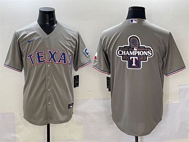Personalized Men’s Texas Rangers Grey 2023 World Series Champions Big Logo With Patch Cool Base Stitched Baseball Jersey