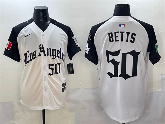 Personalized Men’s Los Angeles Dodgers #50 Mookie Betts White Black Mexico 2025 LA Gothic Style With Fernando Patch Premier Limited Stitched Baseball Jersey