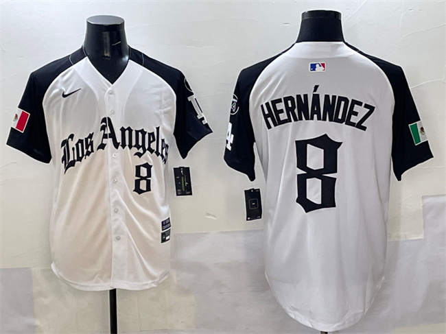 Personalized Men’s Los Angeles Dodgers #8 Enrique Hernandez White Black Mexico 2025 LA Gothic Style With Fernando Patch Premier Limited Stitched Baseball Jersey