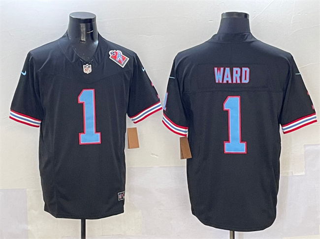 Personalized Men’s Tennessee Titans #1 Cameron Ward Black 2025 Draft F.U.S.E. 1997 Throwback Patch Limited Stitched Football Jersey