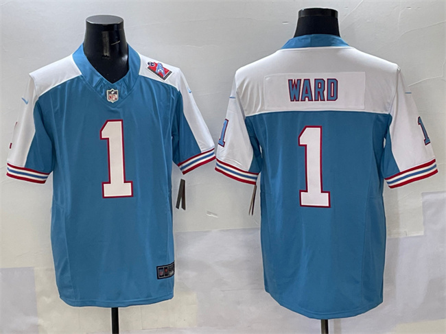 Personalized Men’s Tennessee Titans #1 Cameron Ward Blue White 2025 Draft F.U.S.E. 1997 Throwback Patch Limited Stitched Football Jersey