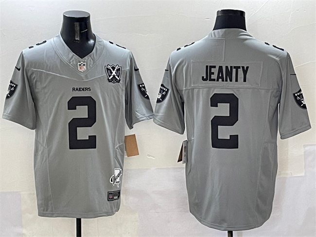 Personalized Men’s Las Vegas Raiders #2 Ashton Jeanty Gray 2025 Draft F.U.S.E. With Nevada Silver Stat Patch And 65th Anniversary Patch Stitched Football Jersey
