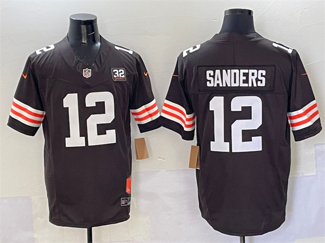 Personalized Men’s Cleveland Browns #12 Shedeur Sanders Brown 2025 Draft F.U.S.E. With Jim Brown Memorial & Home Patch Limited Stitched Football Jersey