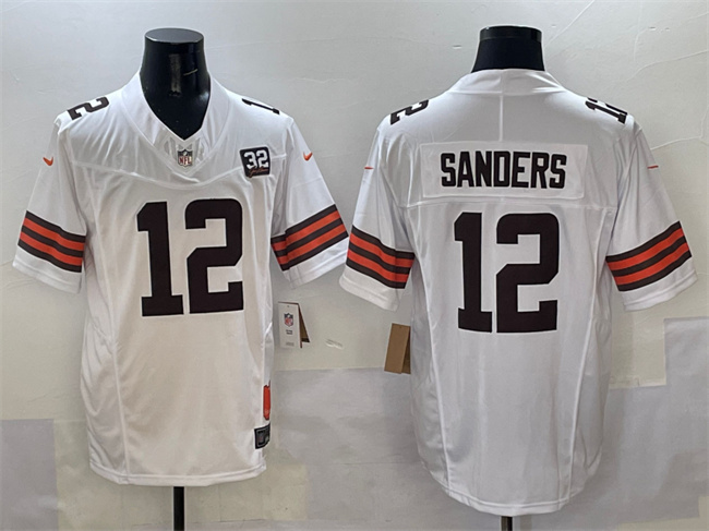 Personalized Men’s Cleveland Browns #12 Shedeur Sanders White 2025 Draft F.U.S.E. With Jim Brown Memorial & Home Patch Limited Stitched Football Jersey