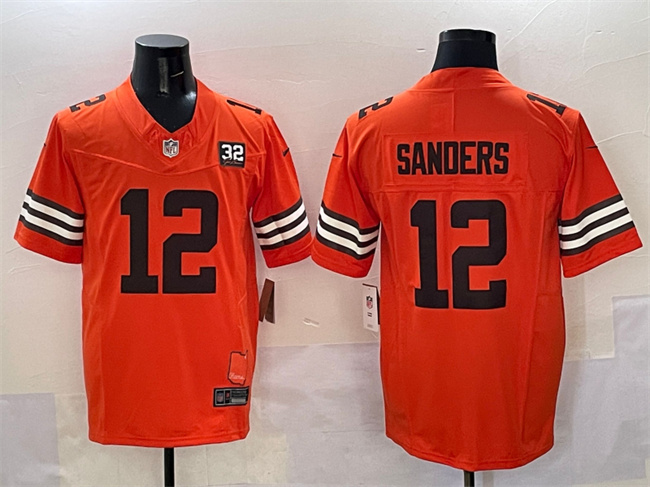 Personalized Men’s Cleveland Browns #12 Shedeur Sanders Orange 2025 Draft F.U.S.E. With Jim Brown Memorial & Home Patch Limited Stitched Football Jersey
