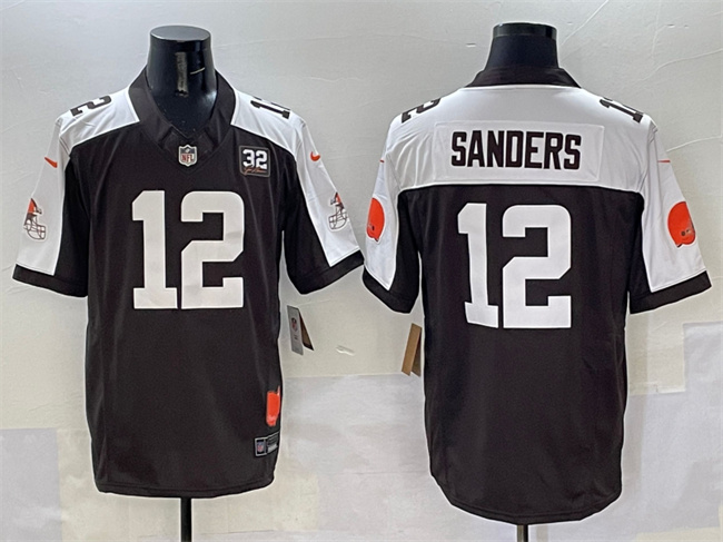 Personalized Men’s Cleveland Browns #12 Shedeur Sanders Brown White 2025 Draft F.U.S.E. With Jim Brown Memorial & Home Patch Limited Stitched Football Jersey