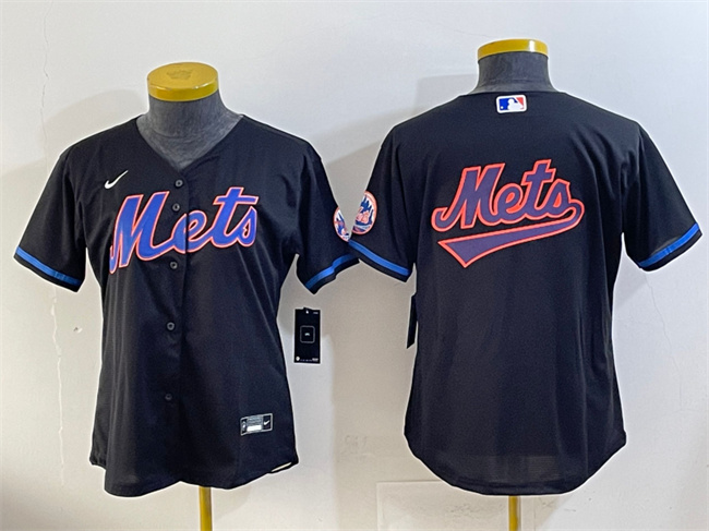 Personalized Women’s New York Mets Team Big Logo Black Cool Base Stitched Baseball Jersey(Run Small) 1