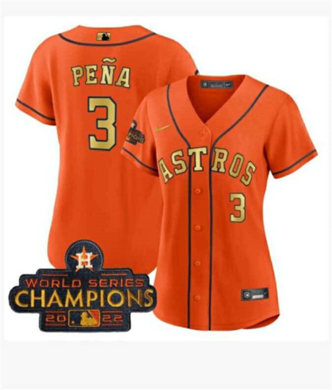 Personalized Women’s Houston Astros #3 Jeremy Pena Orange Gold 2022 World Series Champions Stitched Baseball Jersey(Run Small)
