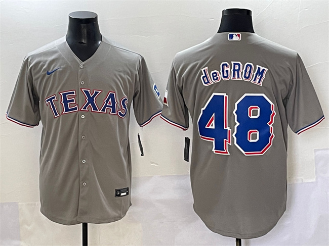 Personalized Men’s Texas Rangers #48 Jacob DeGrom Grey With Patch Cool Base Stitched Baseball Jersey