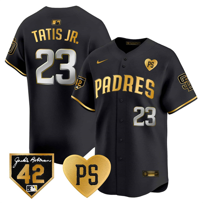 Personalized Men’s San Diego Padres #23 Fernando Tatis Jr. Black Gold ‘For Peter’ & Robinson Patch Limited Stitched Baseball Jersey