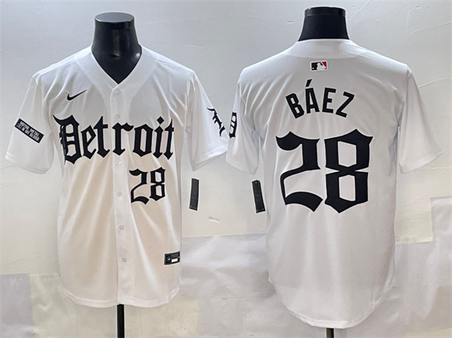 Personalized Men’s Detroit Tigers #28 Javier Baez White ‘Motor Gothic Edition’ Premier Limited Stitched Baseball Jersey