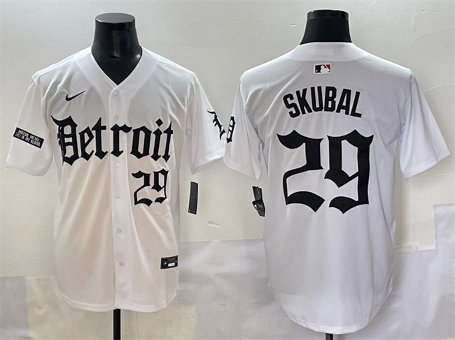 Personalized Men’s Detroit Tigers #29 Tarik Skubal White ‘Motor Gothic Edition’ Premier Limited Stitched Baseball Jersey