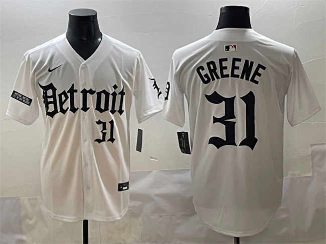 Personalized Men’s Detroit Tigers #31 Riley Greene White ‘Motor Gothic Edition’ Premier Limited Stitched Baseball Jersey