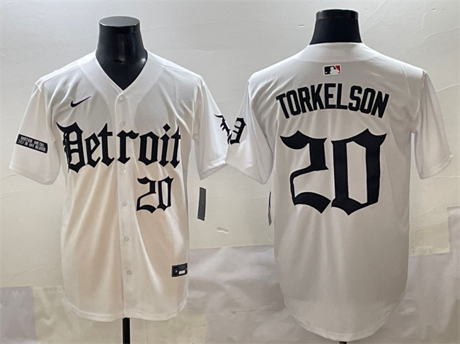 Personalized Men’s Detroit Tigers #20 Spencer Torkelson White ‘Motor Gothic Edition’ Premier Limited Stitched Baseball Jersey