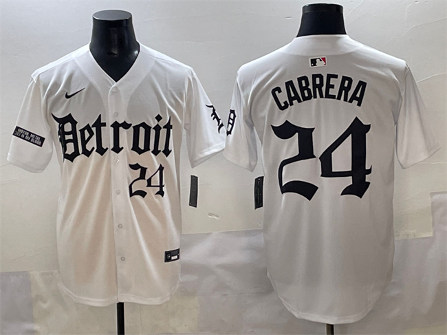 Personalized Men’s Detroit Tigers #24 Miguel Cabrera White ‘Motor Gothic Edition’ Premier Limited Stitched Baseball Jersey