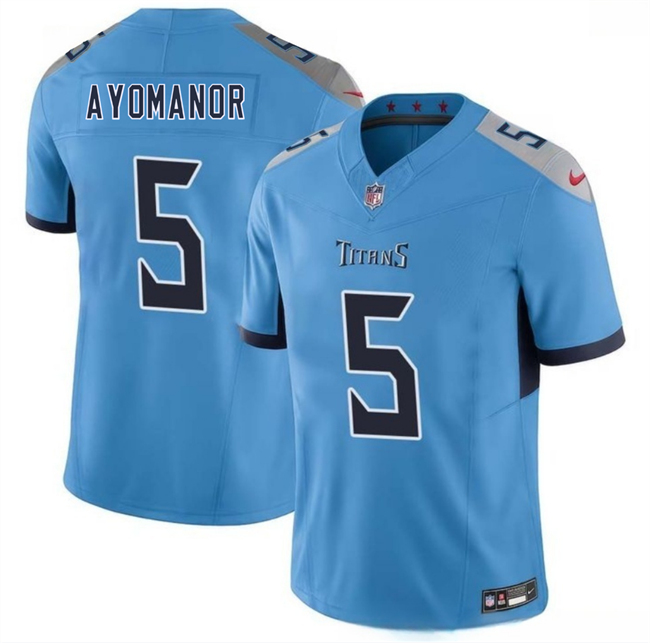 Personalized Men’s Tennessee Titans #5 Elic Ayomanor Blue 2025 Draft F.U.S.E. Limited Stitched Football Jersey