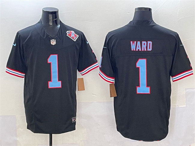 Personalized Men’s Tennessee Titans #1 Cameron Ward Black 2025 Draft F.U.S.E. 1997 Throwback Patch Limited Stitched Football Jersey