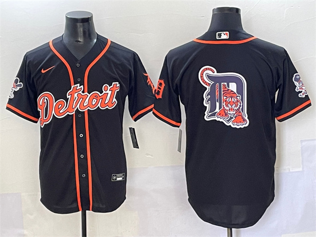 Personalized Men’s Detroit Tigers Team Big Logo Black With Patch Cool Base Stitched Baseball Jersey