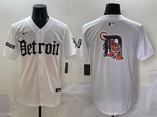 Personalized Men’s Detroit Tigers Team Big Logo White ‘Motor Gothic Edition’ Premier Limited Stitched Baseball Jersey