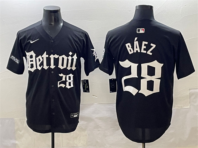Personalized Men’s Detroit Tigers #28 Javier Baez Black ‘Motor Gothic Edition’ Premier Limited Stitched Baseball Jersey