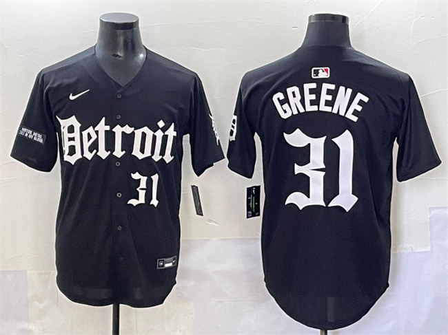 Personalized Men’s Detroit Tigers #31 Riley Greene Black ‘Motor Gothic Edition’ Premier Limited Stitched Baseball Jersey