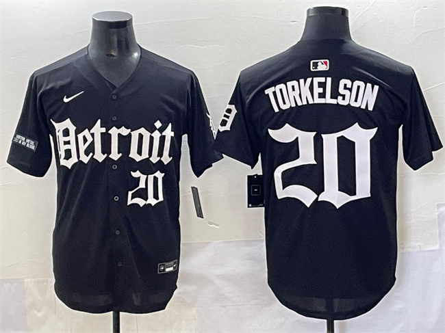 Personalized Men’s Detroit Tigers #20 Spencer Torkelson Black ‘Motor Gothic Edition’ Premier Limited Stitched Baseball Jersey