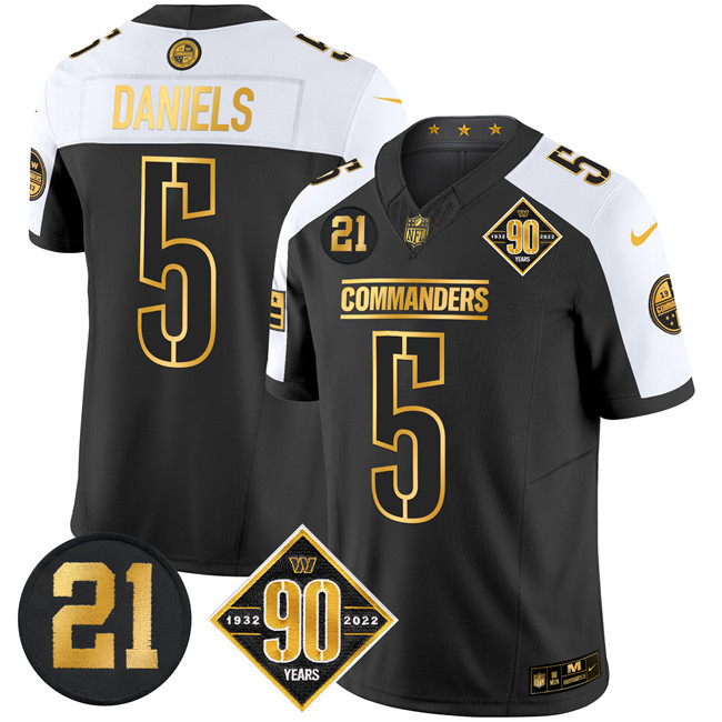 Personalized Men’s Washington Commanders #5 Jayden Daniels Black Gold F.U.S.E. 90th & Sean Taylor Patch Limited Stitched Football Jersey