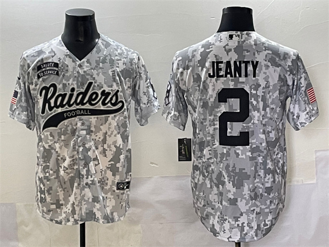 Personalized Men’s Las Vegas Raiders #2 Ashton Jeanty 2024 Arctic Camo Salute To Service Stitched Baseball Jersey