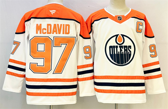Personalized Men’s Edmonton Oilers #97 Connor McDavid White Orange 2024-25 With C Patch Heritage Classic Primegreen Stitched Jersey