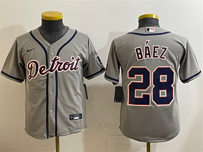 Personalized Youth Detroit Tigers #28 Javier Baez Grey Cool Base Stitched Baseball Jersey