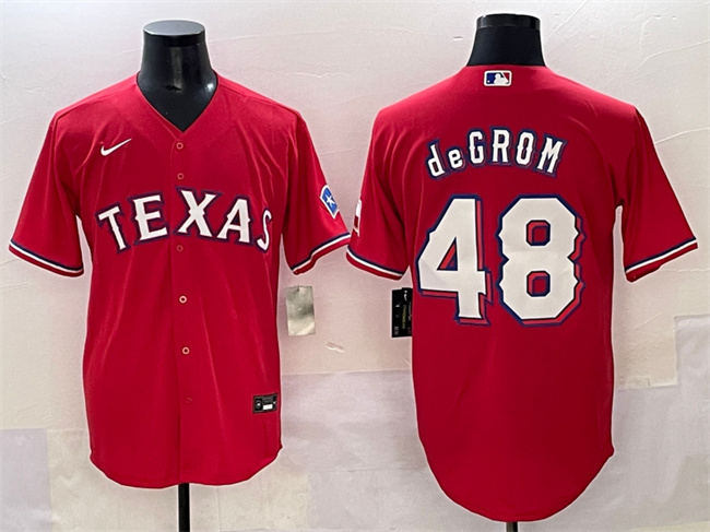 Personalized Men’s Texas Rangers #48 Jacob DeGrom Red With Patch Cool Base Stitched Baseball Jersey