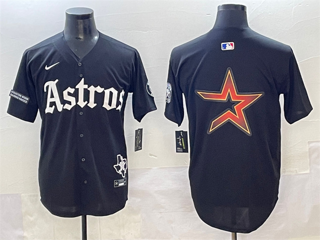 Personalized Men’s Houston Astros Team Big Logo Black Gothic ‘Houston Born Barrio Raised’ Limited Stitched Baseball Jersey