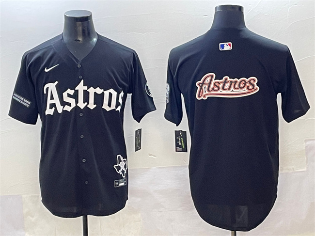 Personalized Men’s Houston Astros Team Big Logo Black Gothic ‘Houston Born Barrio Raised’ Limited Stitched Baseball Jersey 2