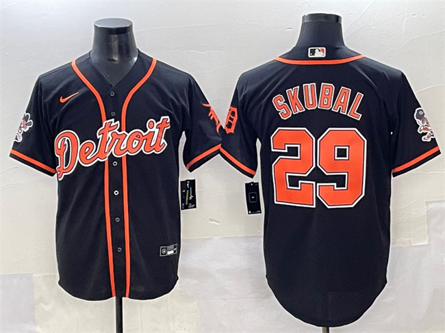 Personalized Men’s Detroit Tigers #29 Tarik Skubal Black With Patch Cool Base Stitched Baseball Jersey