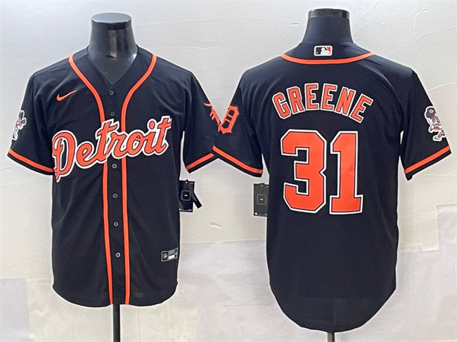 Personalized Men’s Detroit Tigers #31 Riley Greene Black With Patch Cool Base Stitched Baseball Jersey