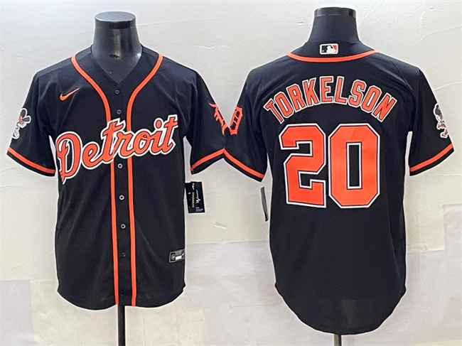 Personalized Men’s Detroit Tigers #20 Spencer Torkelson Black With Patch Cool Base Stitched Baseball Jersey