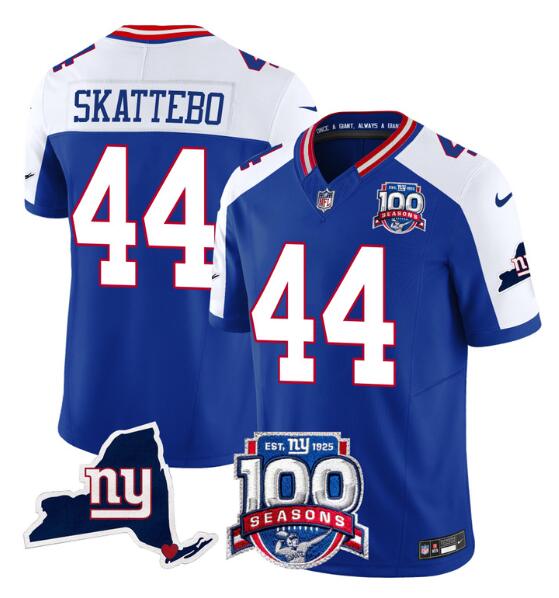 Personalized Men’s New York Giants #44 Cam Skattebo Royal White 2025 Draft F.U.S.E. 100th Season & State Patch Limited Stitched Football Jersey
