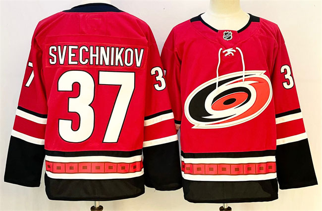 Personalized Men’s Carolina Hurricanes #37 Andrei Svechnikov Red 2024-25 With A Patch Home Stitched Hockey Jersey
