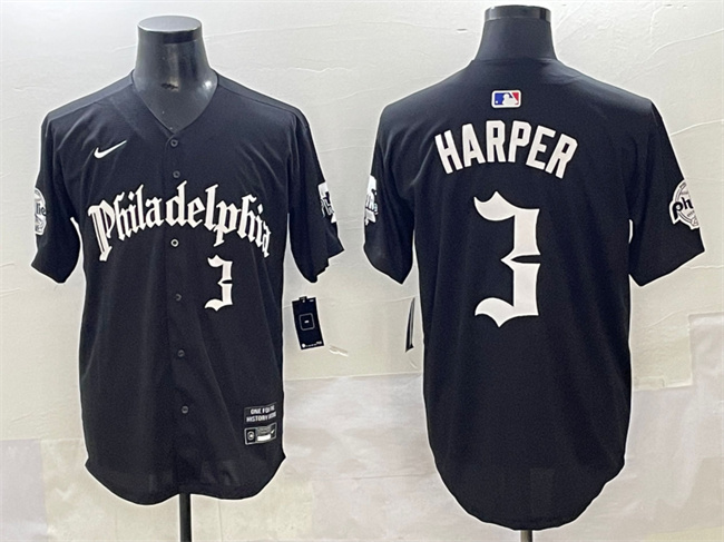 Personalized Men’s Philadelphia Phillies #3 Bryce Harper Black Gothic Limited Stitched Jersey