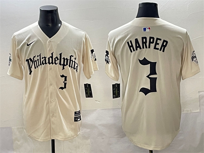Personalized Men’s Philadelphia Phillies #3 Bryce Harper Cream Gothic Limited Stitched Jersey