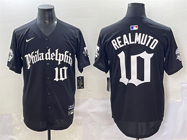 Personalized Men’s Philadelphia Phillies #10 J.T. Realmuto Black Gothic Limited Stitched Jersey