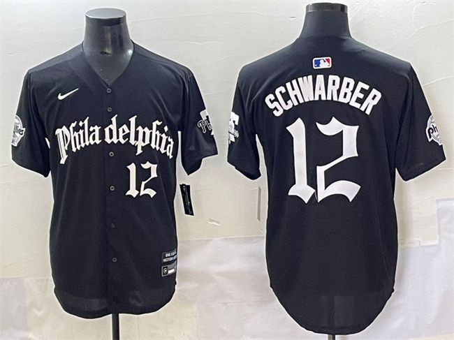 Personalized Men’s Philadelphia Phillies #12 Kyle Schwarber Black Gothic Limited Stitched Jersey