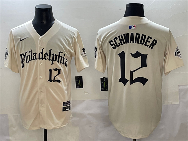 Personalized Men’s Philadelphia Phillies #12 Kyle Schwarber Cream Gothic Limited Stitched Jersey